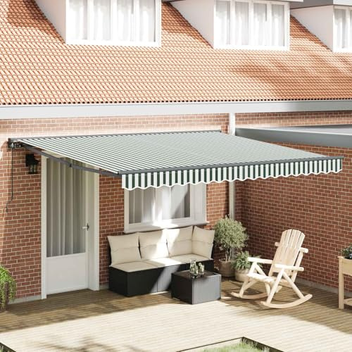 Owoxanthellate Tenda da sole con braccio articolato, 400 x 300 cm, tenda retrattile con manovella, tenda a mezza cassetta, per terrazza, balcone e giardino, a righe verdi e bianche con telaio nero