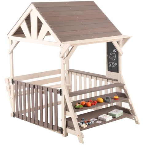 Rosebibi Set da cucina per esterni, a forma di casa, in legno con tetto antipioggia e ringhiera a mezza altezza, scaffale multiuso per piante e giocattoli, per bambini dai 3 anni in su, grigio + beige