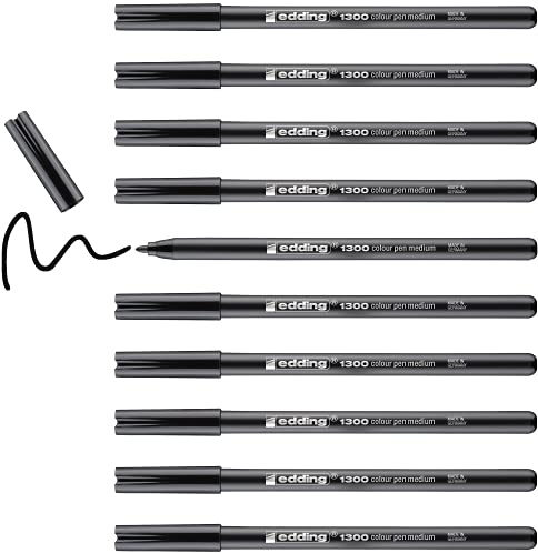 edding 1300 colour pen medium - black - 10 pens - round nib 2 mm - felt pen for drawing and writing - felt pen for school, mandalas, bullet journals