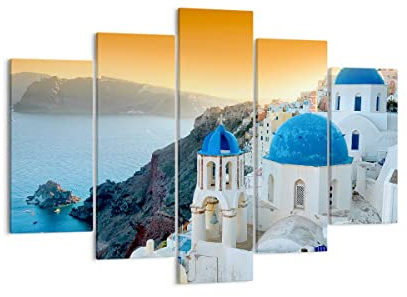 Bilder auf Leinwand 150x100cm Leinwandbild Santorini Griechenland Urlaub Insel Groß XXL Wanddeko Bild Schlafzimmer Set 5 teilige Wandbilder Dekoration Wohnzimmer Canvas Kunstdruck Art EA150x100-2529
