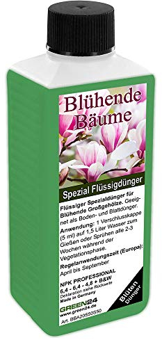 GREEN24 Blütenbäume Dünger - Spezialdünger für blühende Bäume - Magnolien, Tulpenbaum, Blauglockenbaum, Trompetenbaum, Zierkirschen, Blüten-Hartriegel, Ziergehölze - NPK Flüssigdünger 250ml Konzentrat