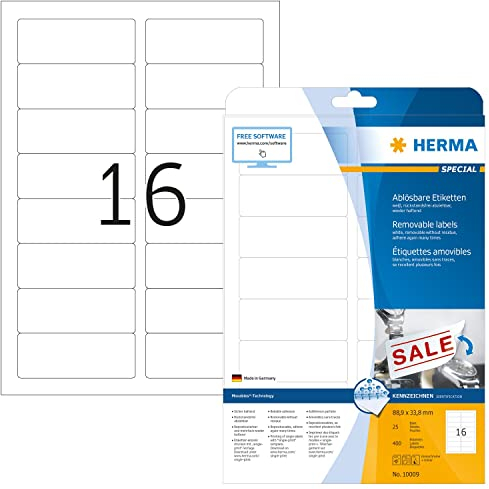 HERMA 10009 Universal Etiketten ablösbar, 25 Blatt, 88,9 x 33,8 mm, 16 pro A4 Bogen, 400 Stück, selbstklebend, bedruckbar, matt, blanko Papier Klebeetiketten Aufkleber, weiß