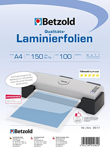 Betzold - Laminier-Folien DIN A4 100 Stück - Laminier-Taschen Folierfolien