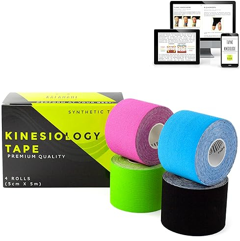 KALAHARI 4 rolls Kinesiology Tape + eBook Applications – Physio Kt Tape with high Adhesion and Water & Sweat resistant, Kinesio taping for Sports injury, Support, muscle Rehabilitation, 2in x 16,5ft