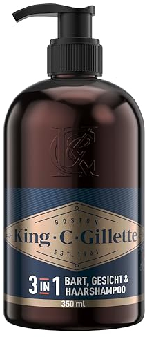 King C. Gillette 3-in-1 Bart, Gesichts und Haarwaschgel für Männer, Tägliche Reinigung und Frische, mit Charakteristischem King C. Gillette Duft, 350 ml