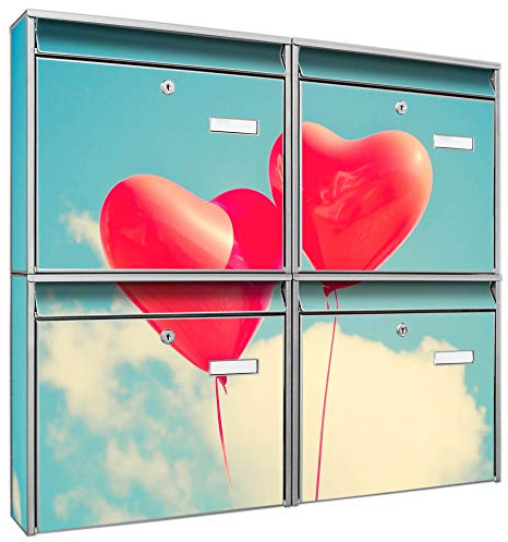 banjado Briefkastenanlage 4 Fach - Postkästen groß - verzinkter Stahl Silber DIN A4 Motiv Wolke Sieben - Briefkasten Set 4 Briefkästen Namensschild, 2 Schlüssel, Montagematerial
