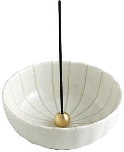 Asayu Japan White Lotus Incense Holder for Sticks 4.1 inch (105mm), Traditional Made in Japan Ceramic Ash Catcher and Brass Incense Burner Set, Japanese Incense Bowl