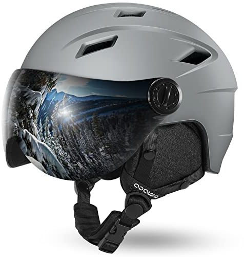 Odoland Casco de Esquí Integral con Gafas de Esquí, Casco Deportivo Unisex para Adultos y Jóvenes, Casco de Esquí con Visera Protección UV 400 y a Prueba de Viento, Gris, S
