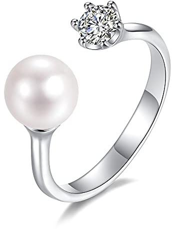 LUCKMORA Anelli di Perle da Donna in Argento Sterling 925 Regolabile Aperto con Zirconia Naturale Rotonde Coltivate D'Acqua Dolce Perline Anello Ragazza (PD)