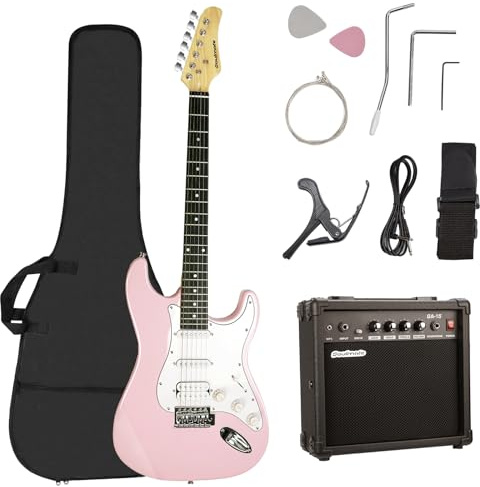 Soulmate 39 Inch Full Size Electric Guitar Starter Kit for Beginners Solid Body, HSS Pickups with 15W Amp, Gig Bag, Capo, Strap, Strings, Cable, Picks (Right-Handed,Pink)
