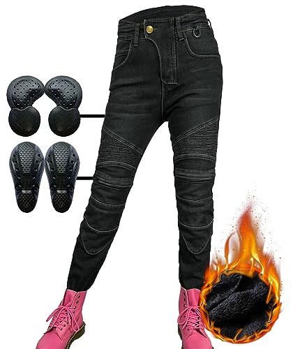 Damen Motorradhose,Fleece Motorrad Jeans Biker Trousers,Fahrrad Riding Schutzhose, Mit Protektoren Motorradhose (Black -Level 2,S)