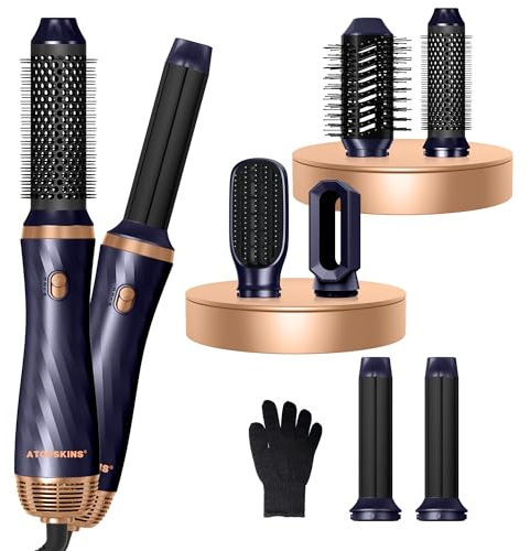 6 in 1 Airstyler Warmluftbürste Set, 1000W Haarstyler Stylingbürsten Set mit Haartrockner, Rundbürstenföhn Warmluftbürste Thermal Brush Airflow Lockenstab Automatisch, Glättbürste, Volumen Föhnbürste