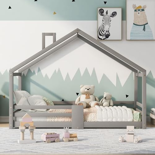 HYUB Kinderbett Hausbett 90 x 200cm mit Lattenrost aus Kiefernholz, Montessori Bodenbett, Holzbett Kinderzimmer mit Rausfallschutz und Schornstein für Jungen & Mädchen, Grau