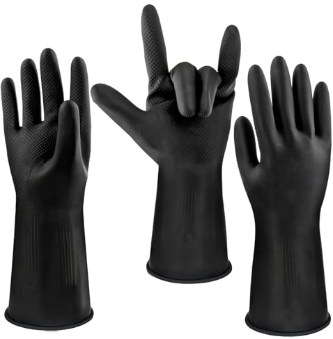 Discoball 3 Pairs Thickened Reusable Rubber Gloves, Large - Non-Slip, Black, Long-Cuffed, Household Waterproof for Dishwashing, Kitchen Cleaning, Gardening & Heavy Duty Rubber Gloves