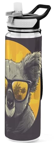 Mnsruu Schwarze Koala-Wasserflasche mit Strohhalm, 1 Liter, Sportflasche, Tritan, BPA-frei, klare Trinkflasche für Erwachsene, Outdoor, Schule, Fitnessstudio, Reisen