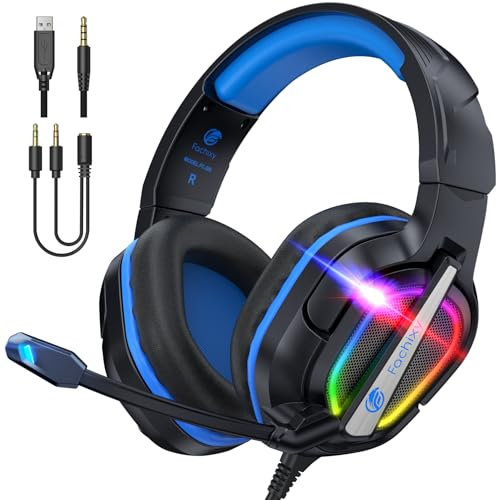Fachixy FC200 Faltbares Gaming-Headset für PS5, PS4, PC, Xbox, Switch, Headset mit ENC-Mikrofon, 3,5-mm-Gaming-Kopfhörer mit RGB-Licht, RGB Schwarz Blau