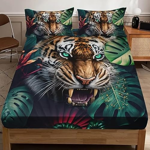 Tiger Small Double Fitted Sheet Monstera Deliciosa Bed Sheets Deep Pocket 12 inch (30 cm) Soft Cozy 3 Piece Microfibre Bed Sheet 120x190 cm with 2 Pillowcases 50x75 cm