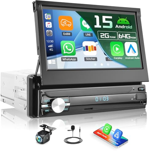 CAMECHO 2G+64G 7 Zoll Autoradio 1Din Navi Wireless Carplay Android Auto, Single Din Android 13 Ausfahrbarem Display mit Mirror Link GPS Navigation WiFi DSP FM/RDS Radio USB/AUX SWC Rückfahrkamera&MIC