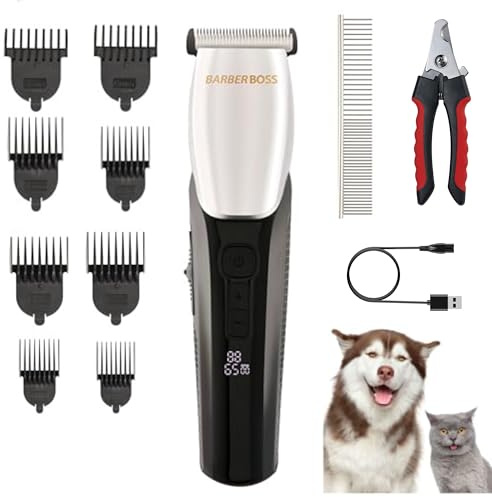 BarberBoss Cordless Pet Grooming Kit, Professional Dog Clippers for Thick Hair, Rechargeable Trimmer for Matted Fur, Dog Grooming Clippers, Low Noise, Waterproof