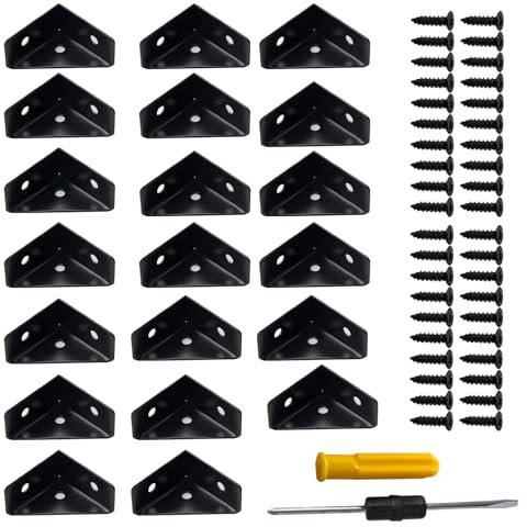 Oiieco Lot de 20 équerres d'angle en métal - 90° - Noir - En forme de L - Avec 40 vis + tournevis - Pour construction de meubles, étagères, tables, lits, armoires
