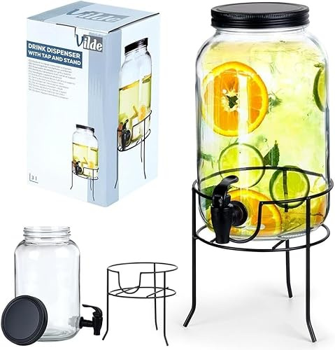 Glaskanna, dryckesdispenser, glasdispenser med dryckeskran och svart stativ, tappflaska, 3 L