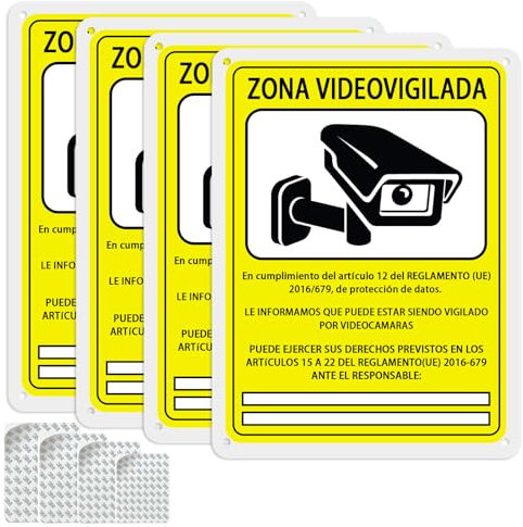 Amlope 4 PCS Señal Zona Videovigilada Aluminio Cámaras Videovigilancia 15 x 20cm Señales de Vigilancia Engrosado Autoadhesivo Señales de Propiedad Privada Cartel Zona Videovigilada Interior/Exterior