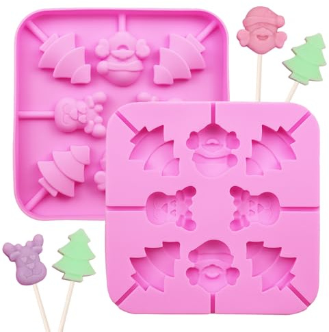 2 Stück Silikonformen für Lutscher,16 Mulden,Weihnachten Silikonform,Wiederverwendbare Seifen Schokoladen Cake Pudding Jelly Mould,mit Form von Weihnachtsbaum/Rentier/Weihnachtsmann(pink)