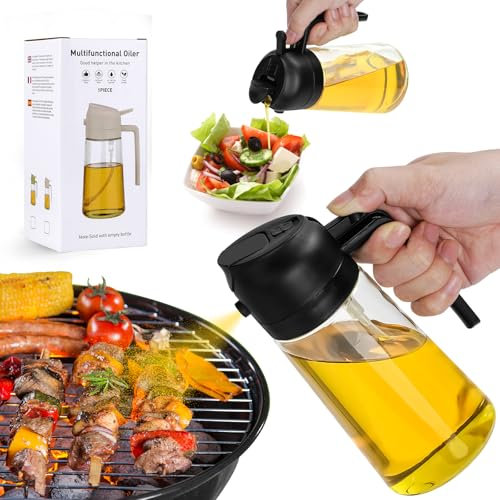 Kimimara 2 in 1 - Ölsprüher für Speiseöl Oelsprayflasche KücheGlas Ölzerstäuber 470ML Ölsprüher Ölflasche Ölspender für Grillen, Kochen, Salate, Backen Gesundes Essen Küchenutensilien (black X1)