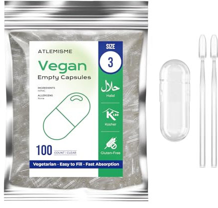 ATLEMISME Capsule Vuote Vegetali Taglia 3 (100 Unità) con 2 Cucchiai – Senza Gelatina, Taglia Pillole e OGM – Facili da Riempire, Ideali per Vegani e Vegetariani