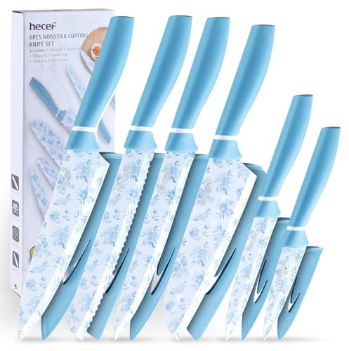 hecef Blue & White Porcelain Coated Knife Set, 6-Piece Stainless Steel Non-Stick Kitchen Knives with Ergonomic Handle, Protective Sheaths, Floral Design