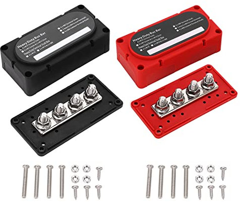 Zoeyilan 2 Stück Sammelschienen-Stromverteilungsklemmenblock, Stromverteilungsblock, 4 Anschlussbolzen, 12 V-48 V, 300 A, Rot und Schwarz, mit Abdeckung, für Auto, Boot, Marine, Yacht