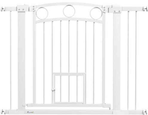 PawHut Stair Gate, 77cm Extra Tall Dog Gate with Adjustable Width, 76-104cm Pressure Fit Safety Gate with Cat Door, 7cm and 14cm Extensions, for Stairs, Doorways, Easy Installation, White