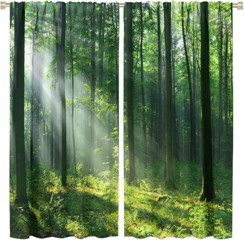 Vorhang Blickdicht Gardinen Mit Ösen - 2 Stücke 140X160 cm (B + H) Verdunklungsvorhänge 3D Waldlandschaft Muster Thermovorhang Für Kinderzimmer Wohnzimmer Schlafzimmer Weihnachtsgardinen-398965658