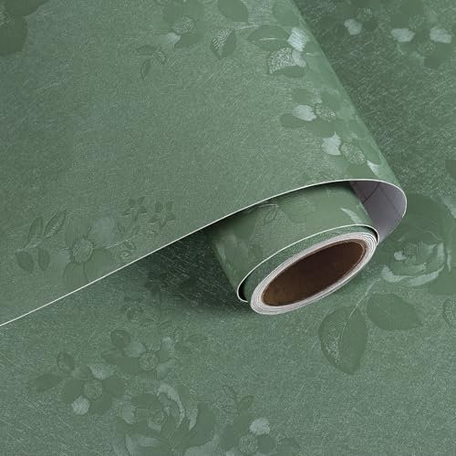 VaryPaper Carta da Parati in Rilievo Verde Salvia 40cmx200cm Pellicola Adesiva con Motivo a Rose Carta Adesiva per Pareti Camera Letto Soggiorno Adesivi Decorativi per Mobili Armadio Scaffali