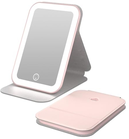 Kintion 16 x 10,8 cm Kosmetikspiegel mit Beleuchtung, Wiederaufladbarer Reisespiegel mit Licht, Dimmbar 3 Farblichter Touchscreen Reisespiegel Klappbar, für Geschenk Frauen, Zuhause Reise, Rosa