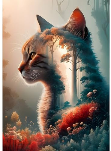 QQYRHN Kitten Diamond Painting Kits for Adults Beginners, 5D Forest Diamond Art Kits, DIY Round Full Drill Fantasy Cat Gem Art with Painting Kits for Home Wall Decor 12x16 Inch
