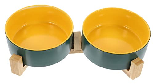 Happyyami Elevated Ceramic Cat Bowl Double Food Water Two Design Wooden Stand Easy Clean Feeding Bowl