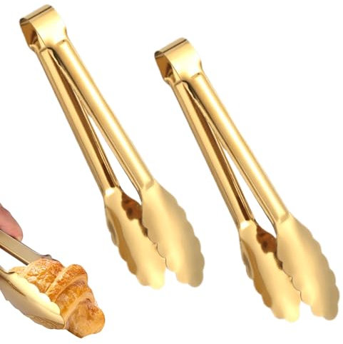 2Pcs Stainless Steel Food Tongs, 9 inches Metal Kitchen Tongs Easy Grip, Heat Resistant Cooking Tongs Set for Ice, Serving, Barbecue, Buffet, Salad, Oven(Gold)