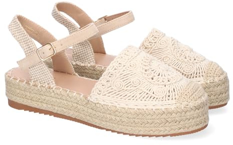 shoes&blues.es Sandalo da donna con plateau, comodo, foderato in iuta, pala chiusa e interlacciata, tacco aperto, e chiusura con fibbia, beige, 36 EU