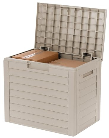 IRIS USA 35-Gallon Outdoor Deck Delivery Storage Box, Lockable & UV-Protected, Weather-Resistant Patio Storage for Cushions, Garden Tools & Packages, Waterproof Resin, Durable & Stylish Design - Beige