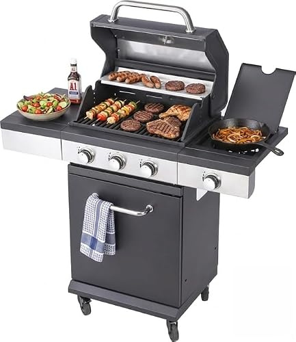 BBQ Kingdom 3+1 Burner Gas BBQ Grill - Matte Black Garden Barbecue | Outdoor Propane Grill with Side Burner, Side Table, Warming Rack, Storage Cabinet, Removable Grease Tray & Weather Cover