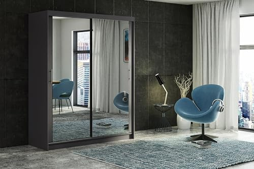 Modern Sliding Double Door Wardrobe with Full Size Mirror, 2/3 Doors, up to 8 Drawers and 4 Hanging Rails Colours: WHITE/BLACK/OAK/GREY Width: 100cm/120cm/150cm/180cm/200cm (Grey, 150cm 2 Drawers)