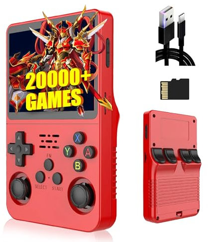 R36S Consola de Juegos 64G,20000+ Juegos Consola Retro Portatil,21 Emuladores,3500mAh,Sistema Linux,Pantalla IPS de 3.5 Reproductor de vídeo,Mini Consola Plug and Play (Rojo)