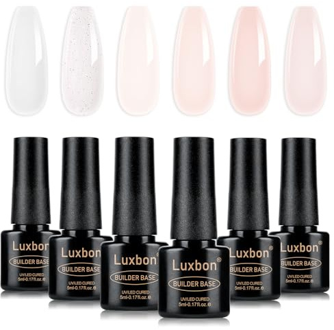 Luxbon 7 in 1 Builder Base Color Gel Nail Polish 6 Colors Kit 002 | Builder gel in 6 nude, pink peach tones, for nail extension enhancement, long lasting, UV LED soak off, women gifts