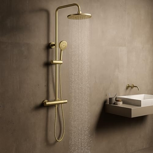 Thermostatic Shower Mixer Set, Round Rainfall Shower Head with Adjustable Riser Rail, Mixer Shower Bar for Bathrooms, Brass Constructed (Brass)
