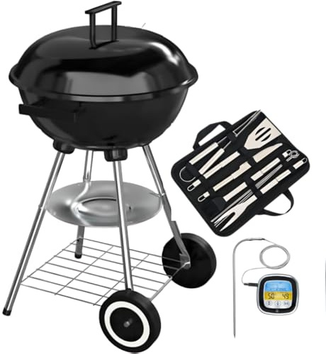 Barbecue à Charbon de Bois Rond Livona + 9 ustensiles + thermomètre | 4 pieds (stable) avec Couvercle (fumoir) et Roulettes, Noir, Acier Inoxidable, pieds chromés