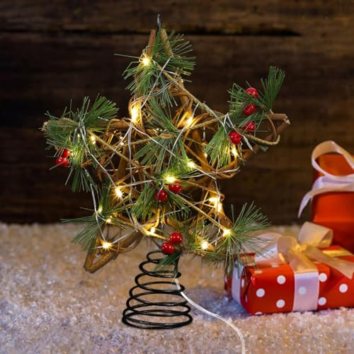 Healifty Christmas Tree Topper, Wooden Star Tree Topper with LED Lights, Assorted Colours, 25 x 20 x 6 cm, Xmas Decoration Ornament