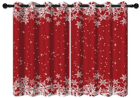 YONGFOTO 107x215cm Cortinas navideñas para Dormitorio Copos de Nieve románticos Rojos Cortinas Opacas con Ojales para Decoración Navideña de Invierno para Sala de Estar, 2 Paneles