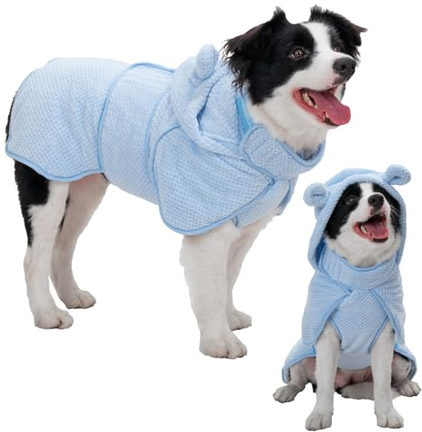 Arblina Dog Bathrobe Towel Wrap, Hooded Double Layer Super Absorbent Dog Drying Coat, Adjustable Warm Bath Robe for Cold Weather, Beach, Pool, Fast Drying Towels for Large Medium Dogs,Blue,M