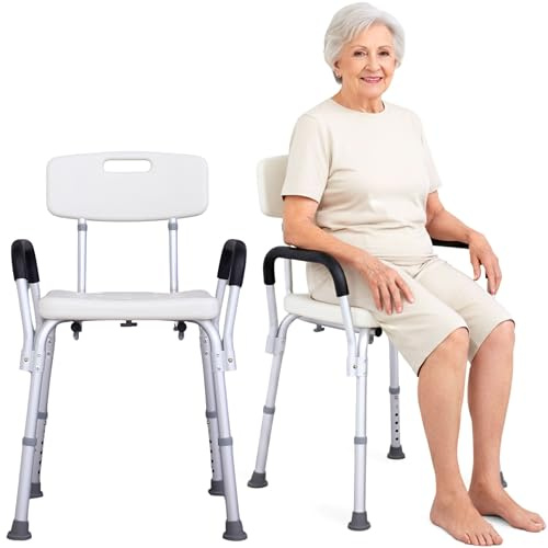 NOVECRAFTO Shower Chair to Sit on in Shower – 6 Height Levels, Non-Slip Feet, 330LBS Capacity – Lightweight Aluminium Bath Seat for Elderly & Disabled with Arms and Backrest